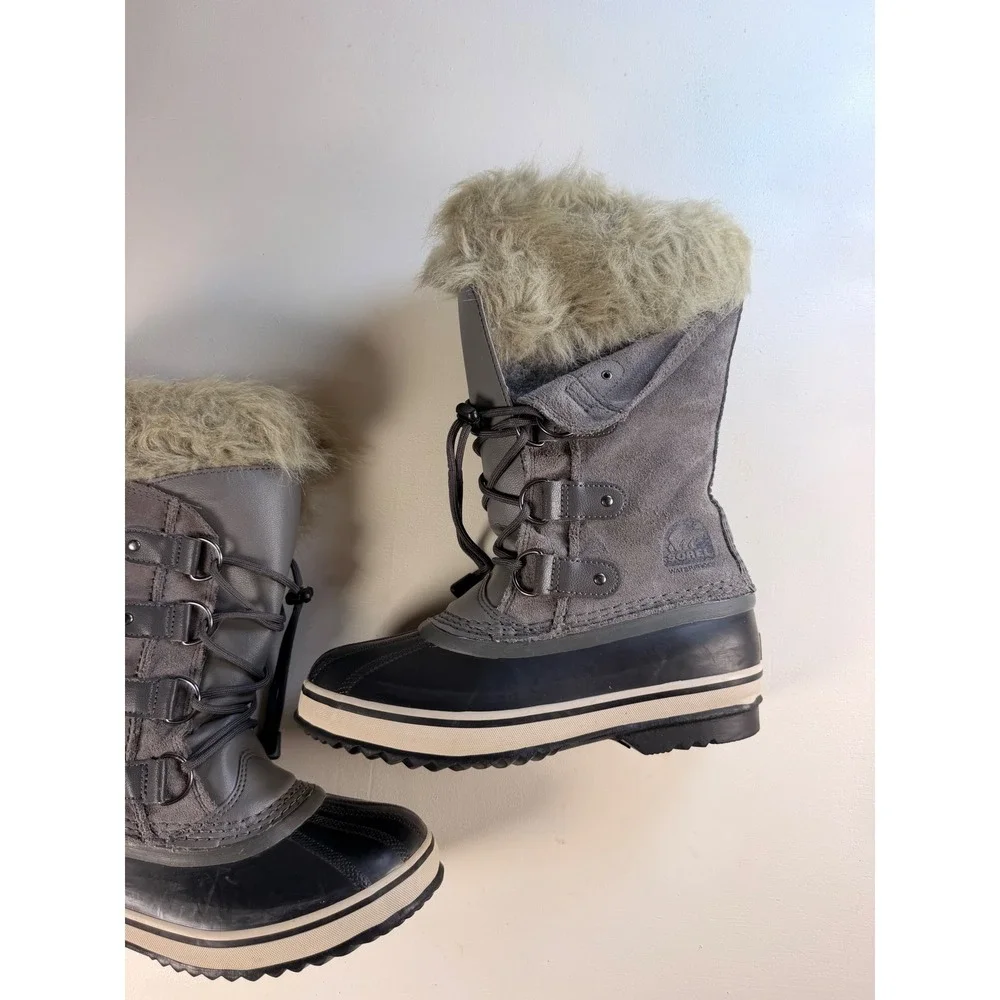 Sorel Joan of Arctic Snow Boots Women Gray Excellent Waterproof Faux Fur Suede